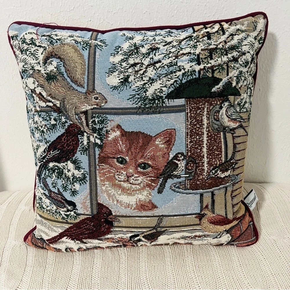 Riverdale Tapestry Pillow Cat Watching Cardinal & Squirrel in Winter Winter Vntg